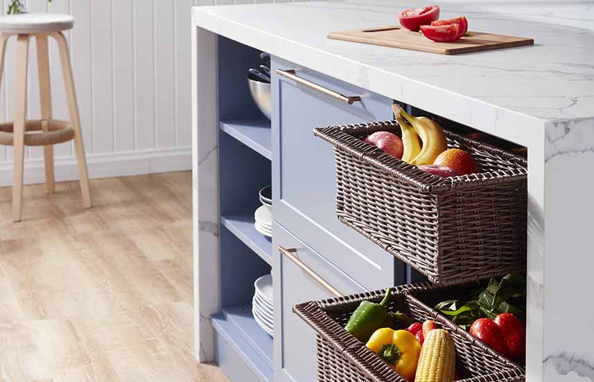 Open Kitchen Cabinets with Wicker Baskets