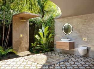 Outdoor bathroom in middle of plants